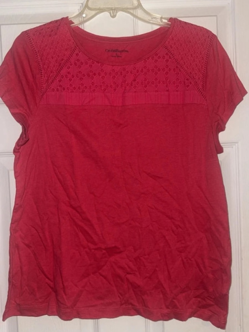 croft & barrow Red Short Sleeve Lace Yoke Tee